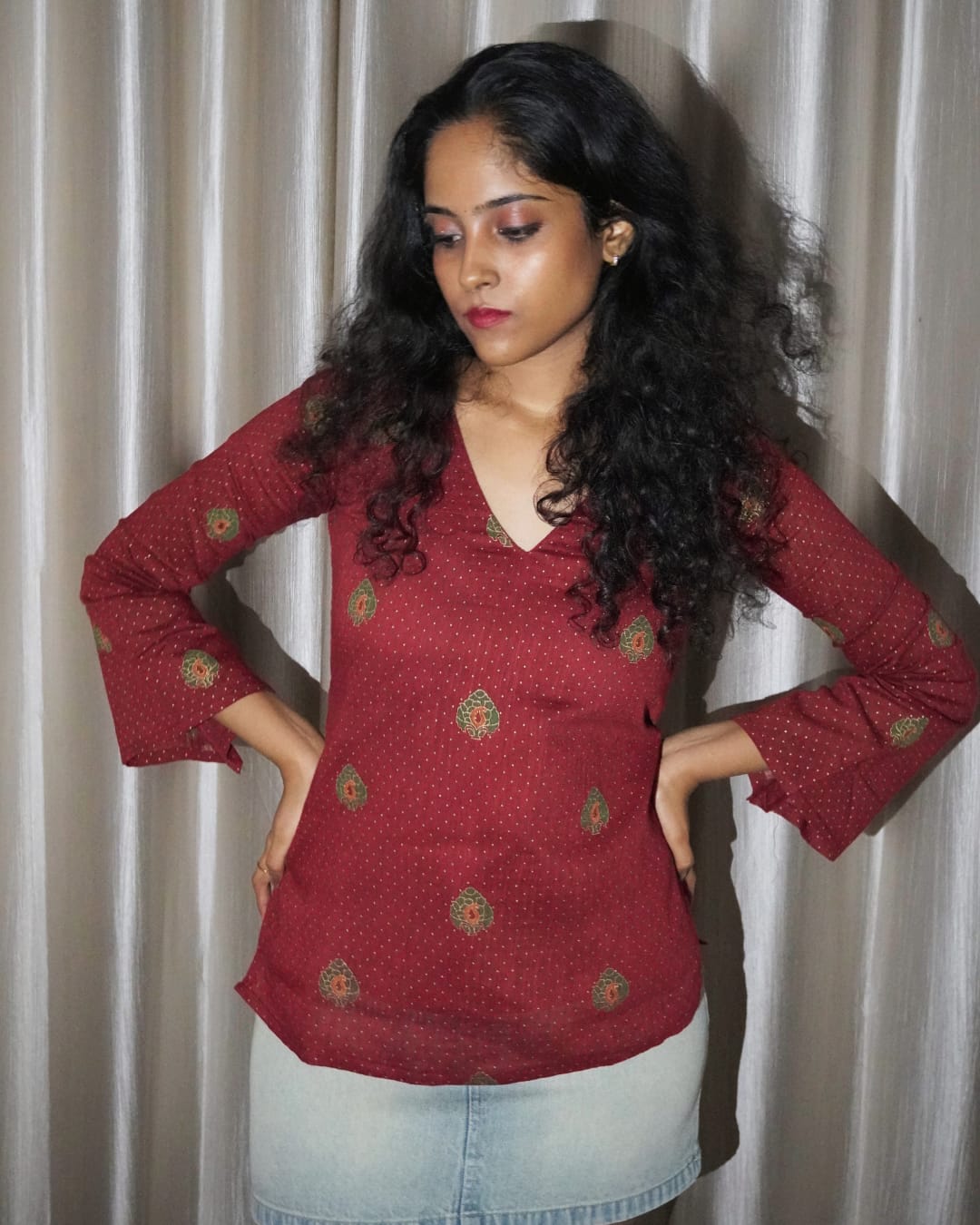 Classic Maroon Floral V-Neck Kurta