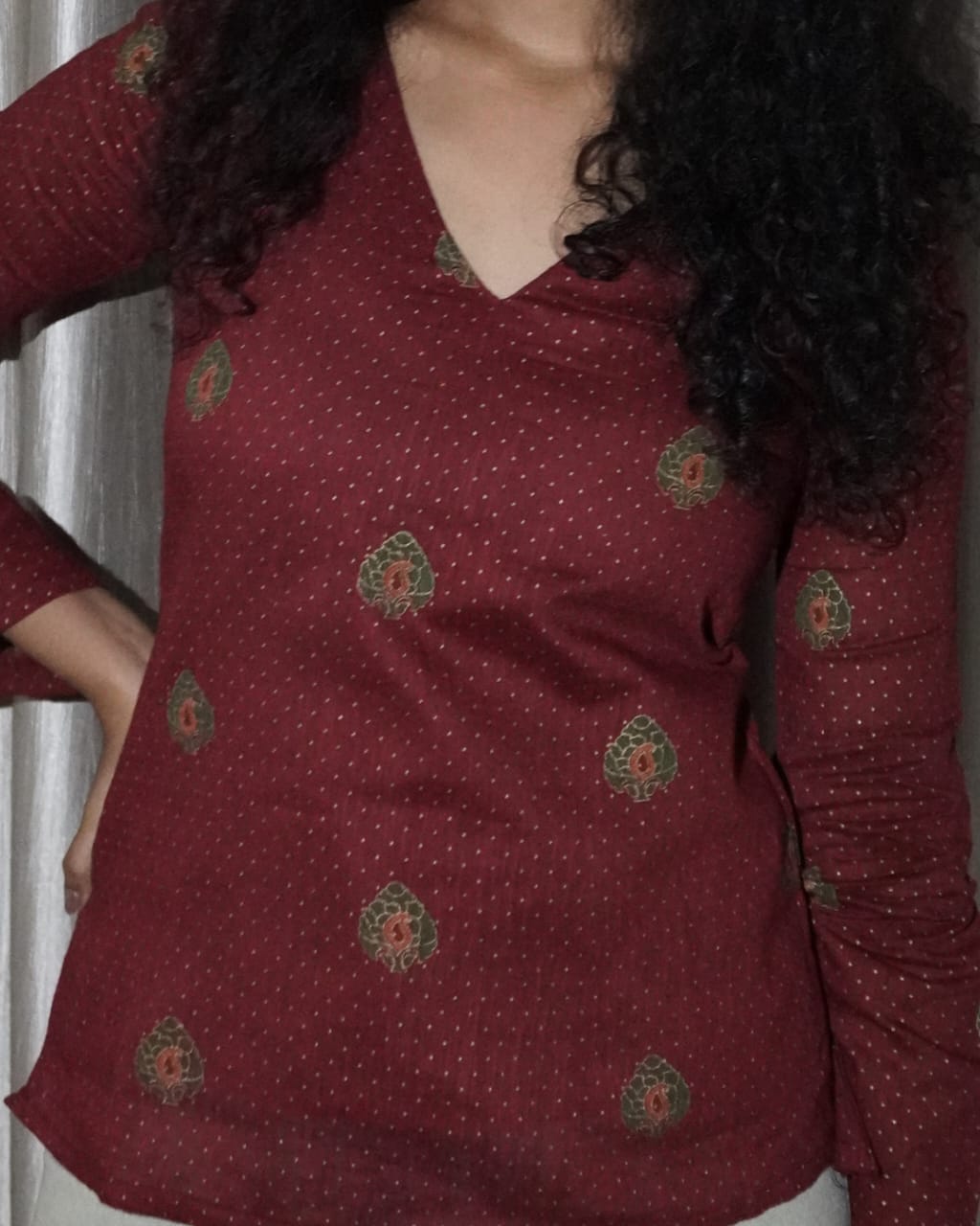 Classic Maroon Floral V-Neck Kurta