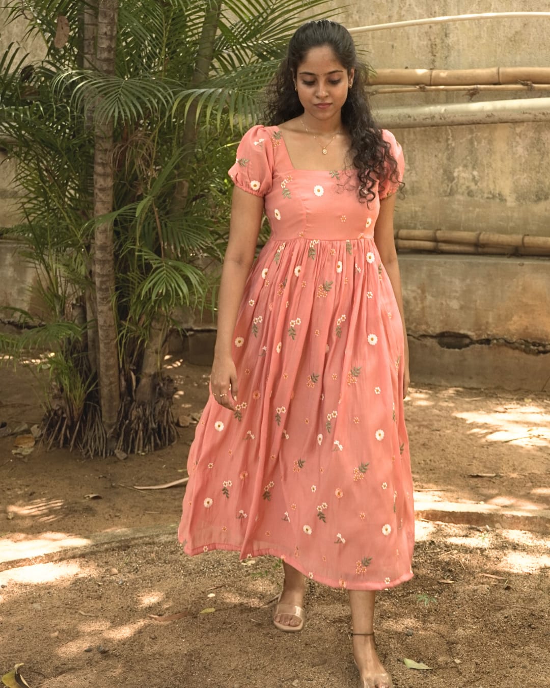 Elegant Peach Floral Printed Maxi Dress
