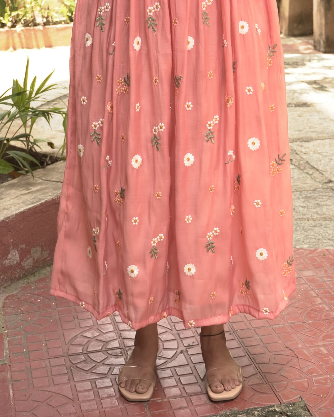 Elegant Peach Floral Printed Maxi Dress